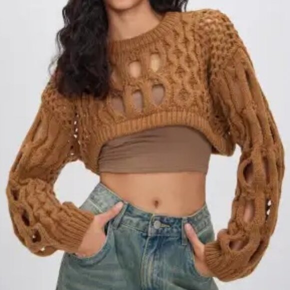 Cider Brown Cable Knit Cropped Sweater - Picture 1 of 5
